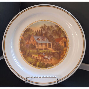 Currier and Ives Scenes by Corning Dinner Plates Set of 3 Red Blue Roof, Apple